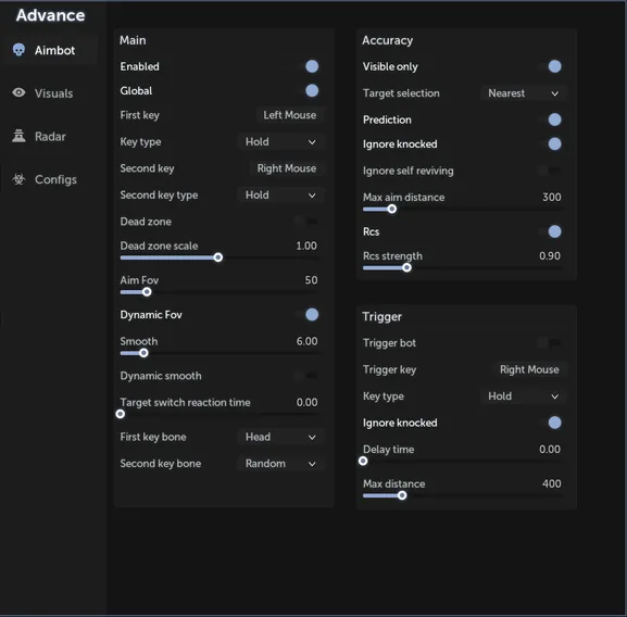 Advance menu, Aimbot tab: two aim keys with their own bones, dead zone, aim FOV, dynamic FOV, smoothing, prediction, recoil control and a Trigger section.