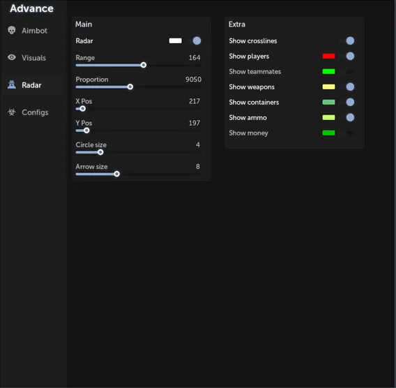 Advance menu, Radar tab: range, proportion, position, circle and arrow size, and toggles for players, teammates, weapons, containers, ammo and money.