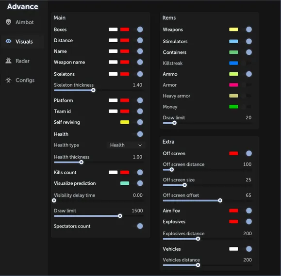 Advance menu, Visuals tab: player boxes, names, weapons, skeletons, health and kills, an Items list for loot, and off-screen, explosive and vehicle indicators.