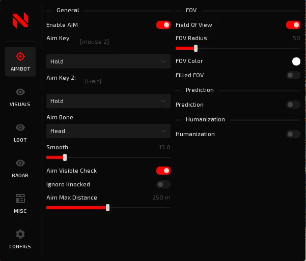 NexUp menu, Aimbot tab: enable aim, two aim keys with hold mode, aim bone, smoothing, visible check, max distance, FOV settings, prediction and humanisation.