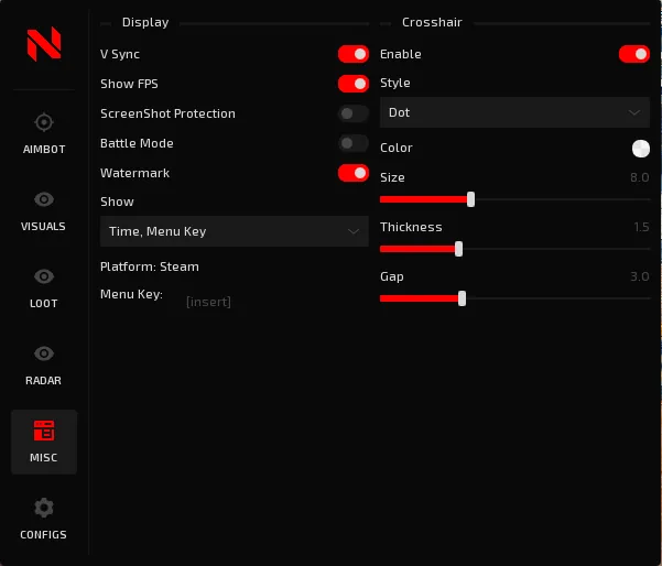 NexUp menu, Misc tab: V-Sync, show FPS, screenshot protection, battle mode, watermark, platform reading Steam, and crosshair settings.