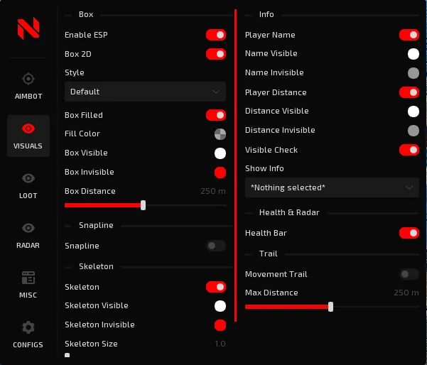 NexUp menu, Visuals tab: ESP boxes, snaplines, skeletons, player names and distance with visible and hidden colours, health bar and movement trail.