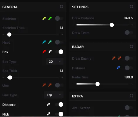 SoftStack menu, Visuals tab: skeleton, head, box type and thickness, line, distance and nick, draw distance and team, radar settings and an Anti-Screen option.