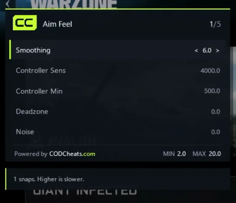 The CODCheats Aim Feel menu: Smoothing 6.0, Controller Sens, Controller Min, Deadzone and Noise.