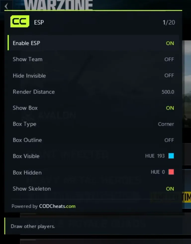 The CODCheats ESP menu: Enable ESP, Show Team, Hide Invisible, Render Distance 500, Show Box, Box Type Corner, colours for visible and hidden players, and Show Skeleton.