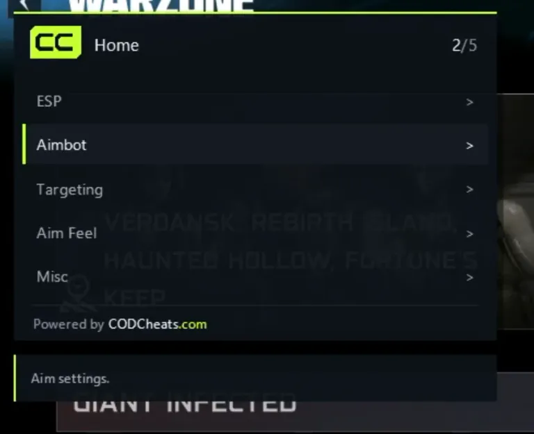 The CODCheats in-game menu home page, listing ESP, Aimbot, Targeting, Aim Feel and Misc.