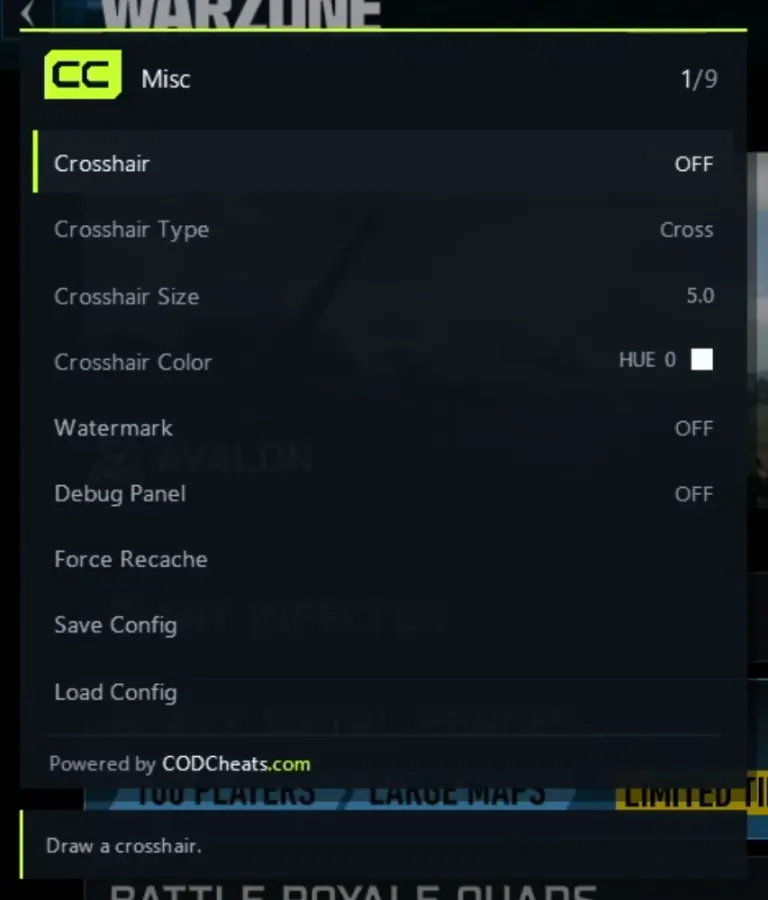 The CODCheats Misc menu: crosshair on or off with type, size and colour, Watermark, Debug Panel, Force Recache, Save Config and Load Config.