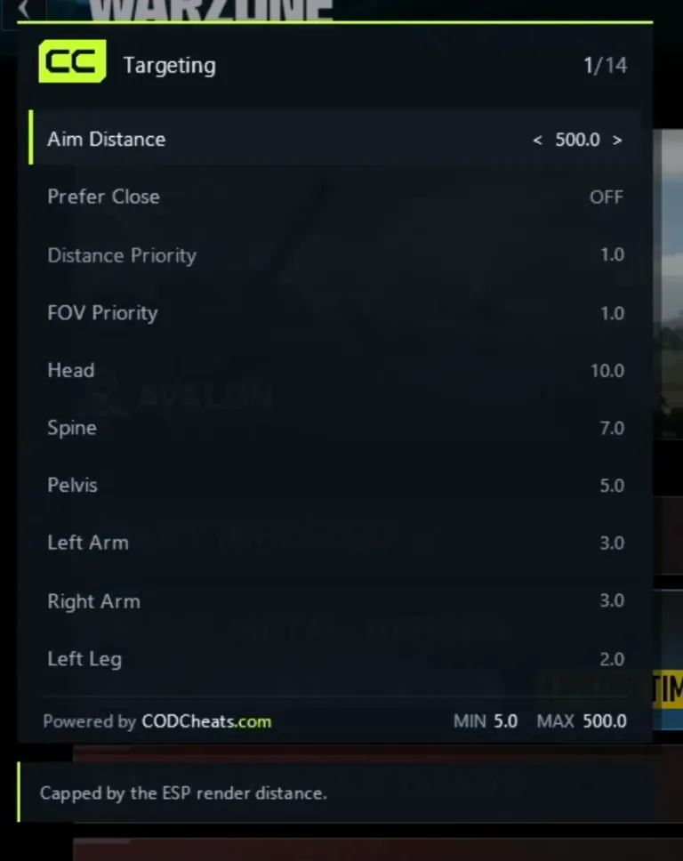 The CODCheats Targeting menu: Aim Distance 500, Prefer Close, Distance Priority, FOV Priority, and a weight for each bone from head to legs.