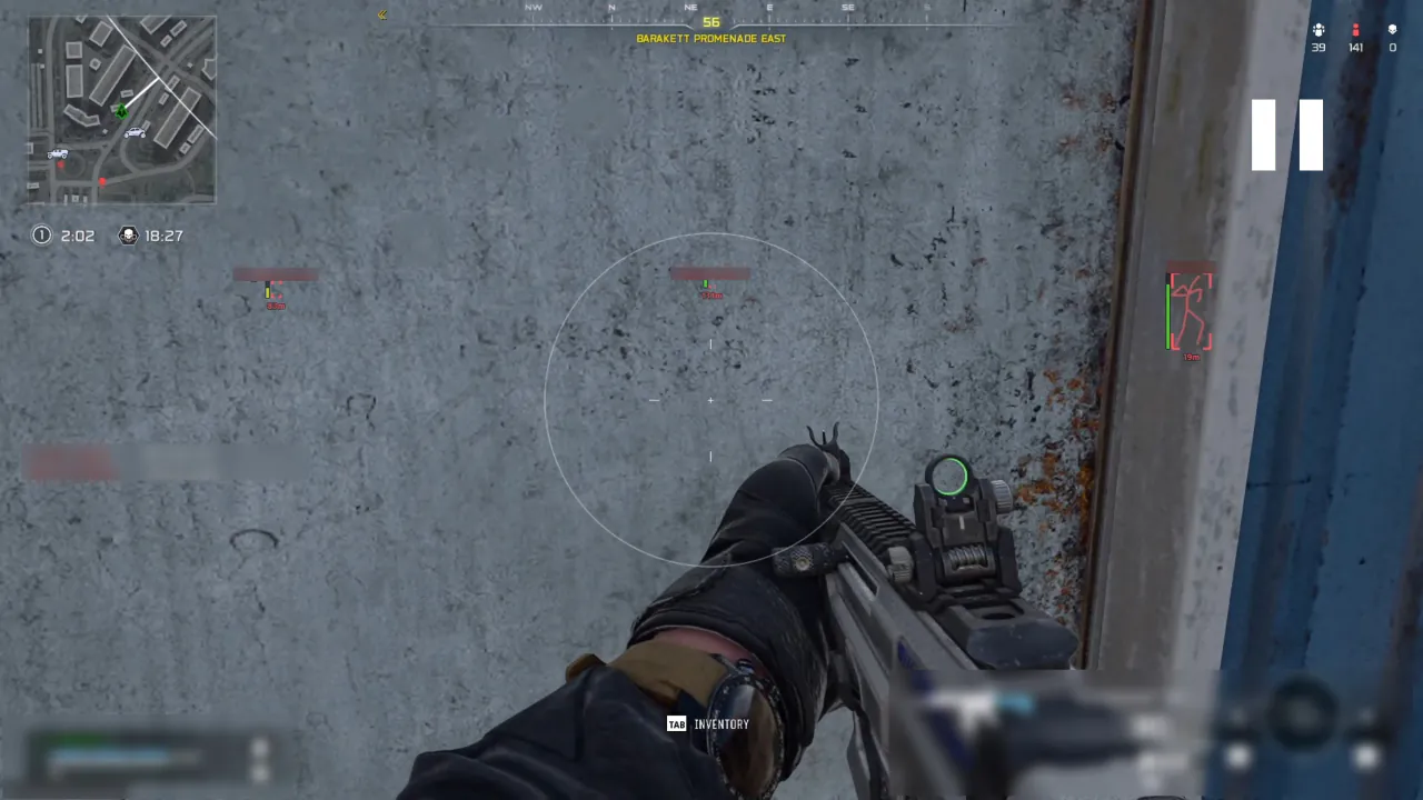 Warzone in game with CODCheats running: health bars and distance markers over two enemy players, a skeleton and corner box on a third, and the aimbot FOV circle around the crosshair.